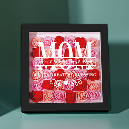 Personalized acrylic and wood floral keepsake in a black frame with gradient pink roses