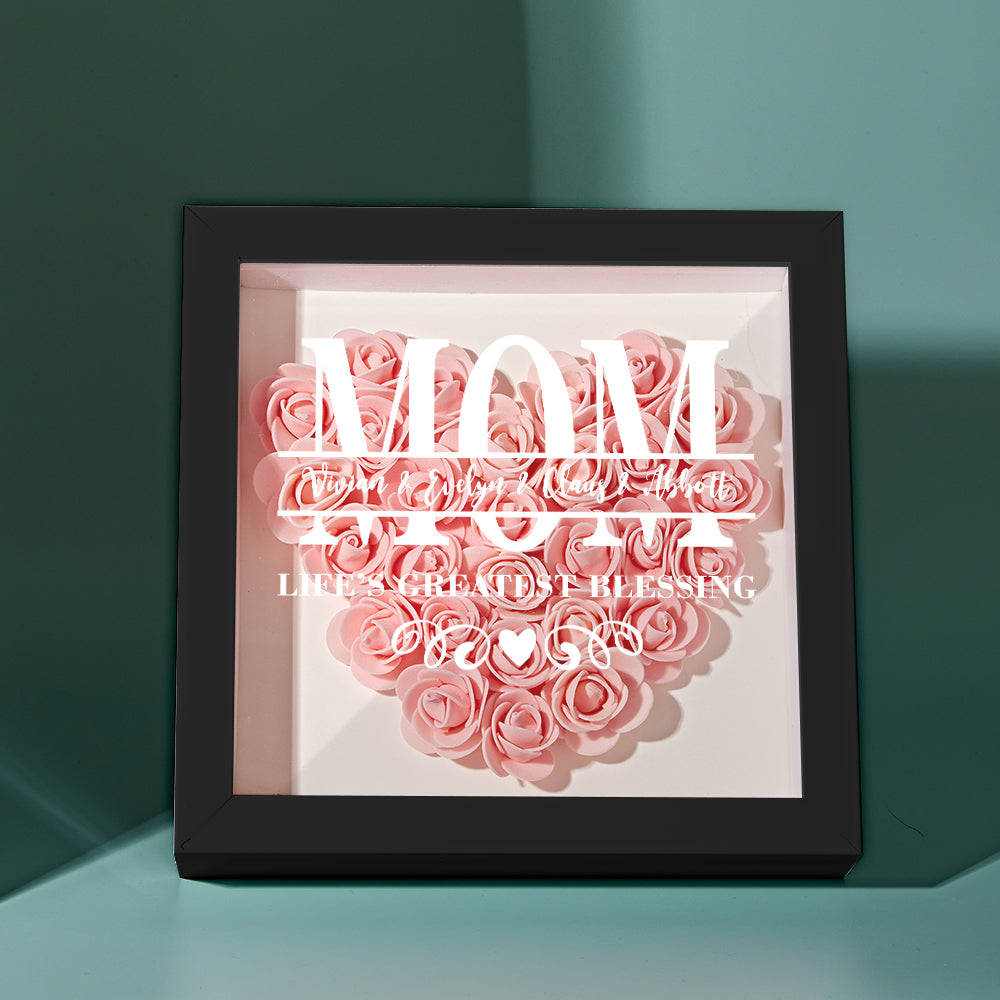 Personalized artificial flower display in black frame with engraved name for grandma