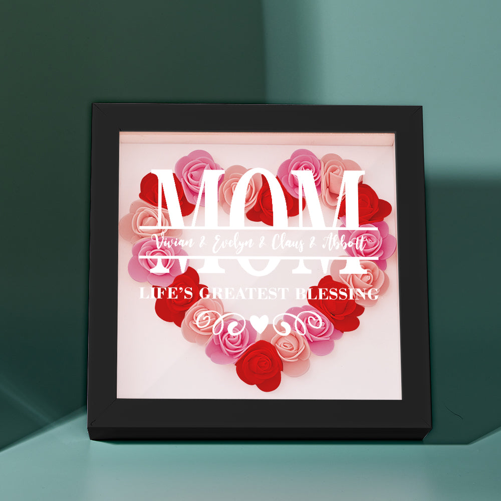 Custom engraved flower frame with mixed pink artificial roses in black frame