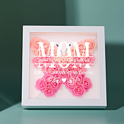 Home decor flower shadow box with engraved name and soft pink roses