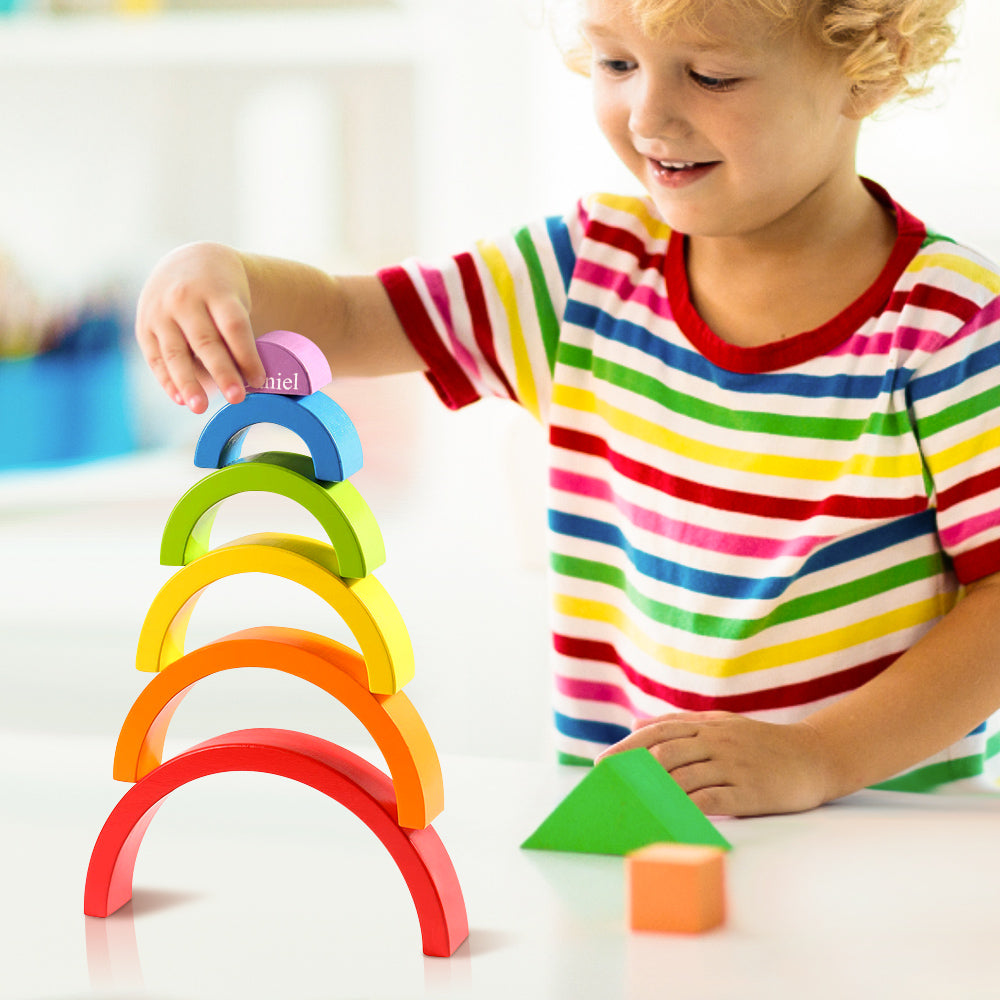 Custom wooden rainbow arch stacker, a perfect gift for toddlers, baby showers, birthdays, and Montessori play setups.