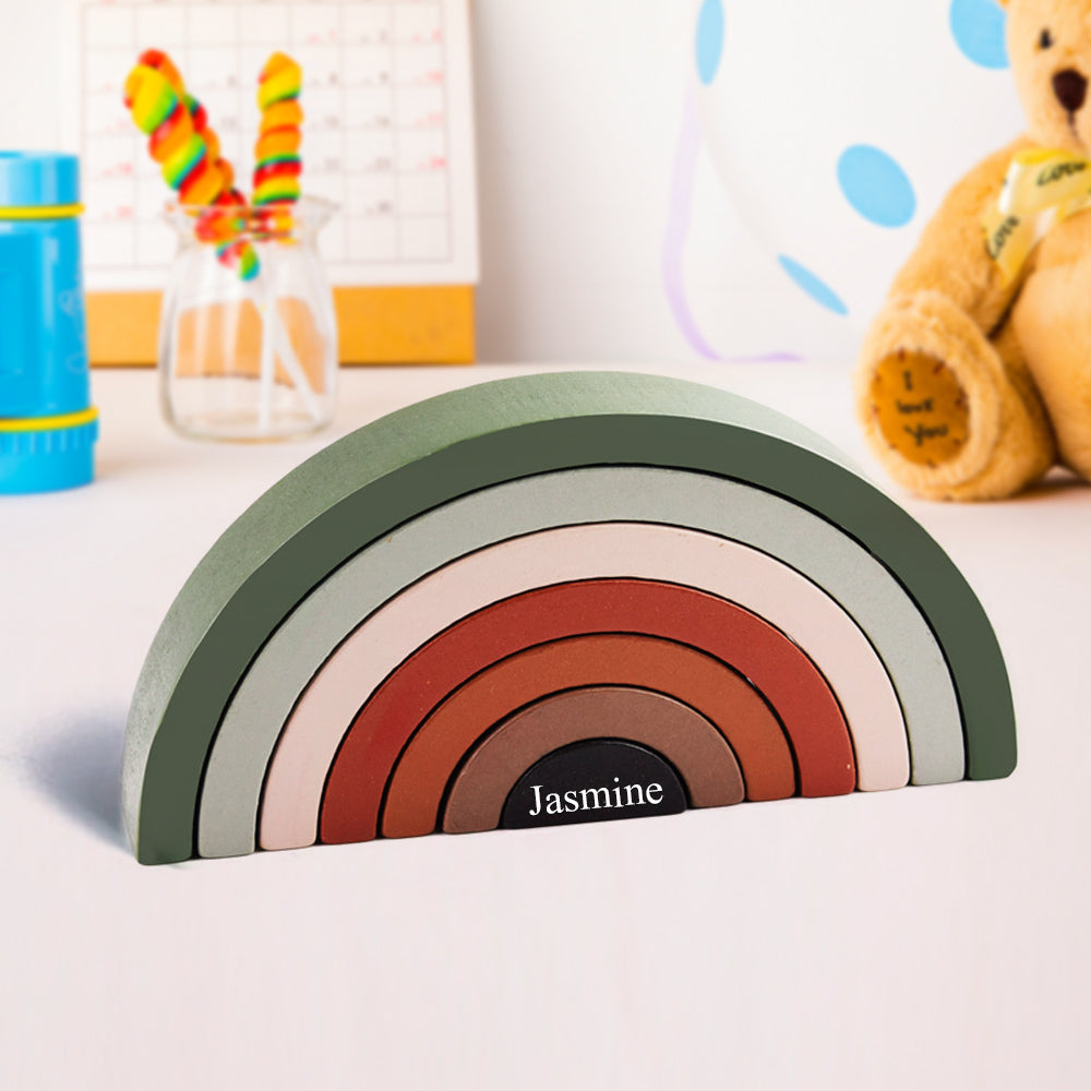 High-quality wooden rainbow toy, a fun and educational stacking puzzle that doubles as nursery or playroom decor.