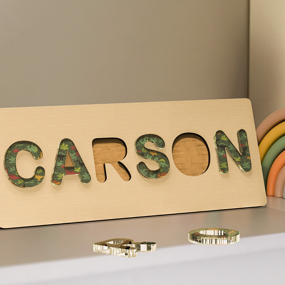 Unique custom wooden name puzzle with acrylic lettering, a perfect keepsake gift for babies, toddlers, and early childhood learning.