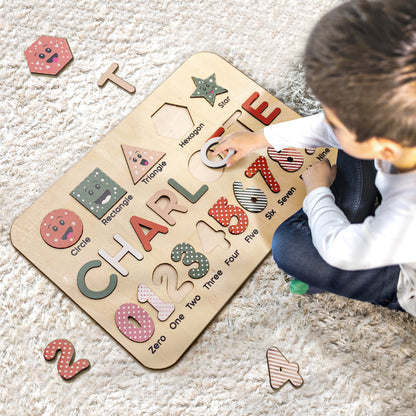 Engaging wooden name puzzle for kids, featuring custom name letters to promote name recognition and problem-solving.