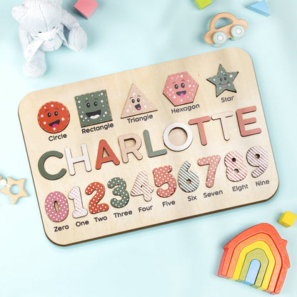 Personalized wooden name puzzle for toddlers with multiple color options, designed to encourage early learning and fine motor skills.