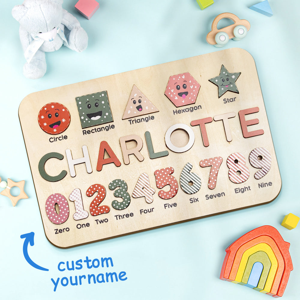 Custom baby name puzzle made from high-quality wood, a unique educational toy available in various color combinations.