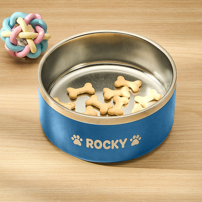 Custom pet food bowl featuring a durable stainless steel design, non-slip bottom, and personalized name engraving for a unique touch in blue, red, or black.