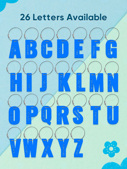 A display showing all the letters of the alphabet in blue, highlighting the personalized 3D printed design of each letter.