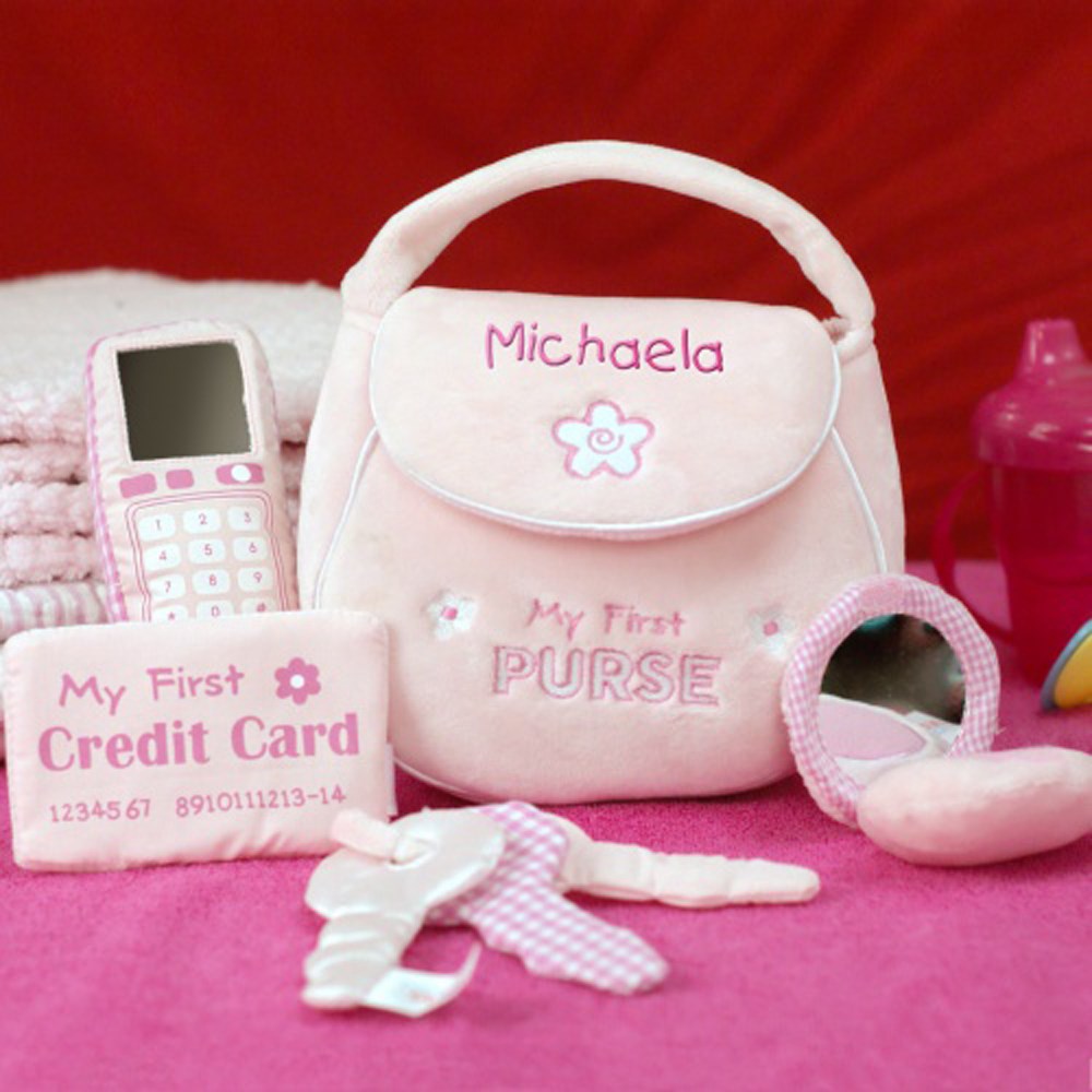 Personalized baby girl purse playset with embroidered name, pink toddler purse with toy phone and mirror, soft pretend purse for baby girl, personalized baby shower gift