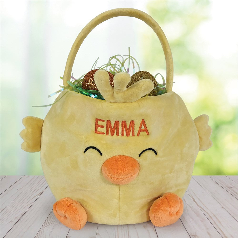 Plush embroidered chick Easter basket with soft lining and sturdy handle – A yellow chick-shaped Easter basket with embroidered details, designed for kids' egg hunts, Easter treats, and festive holiday decor.