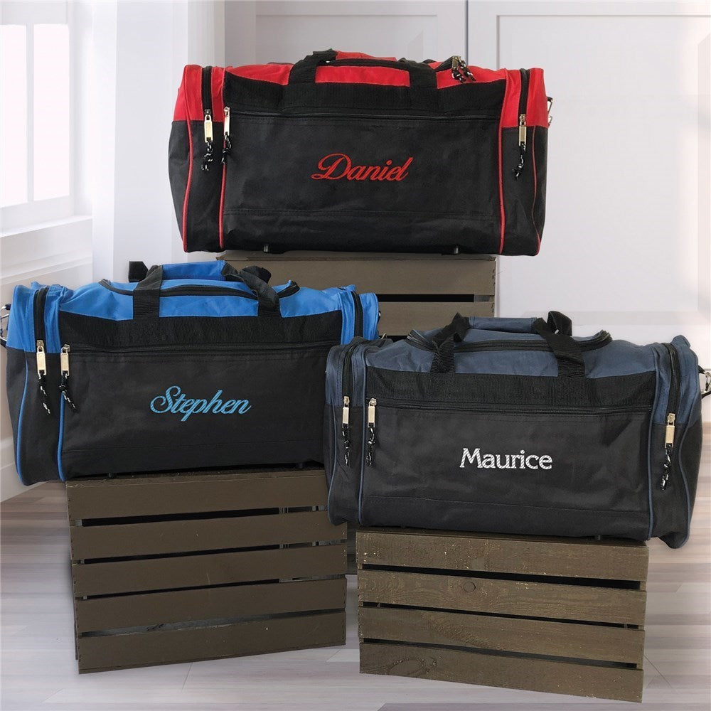 Personalized embroidered duffel bag with name, perfect for gym, sports, or travel