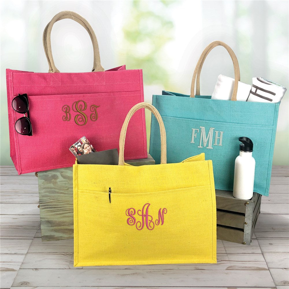 Personalized jute tote bag with embroidered monogram, available in multiple colors