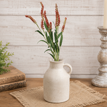 Red floral greenery spray for farmhouse decor, rustic floral arrangements, primitive home styling, country tabletop displays, lantern accents, and everyday floral centerpieces