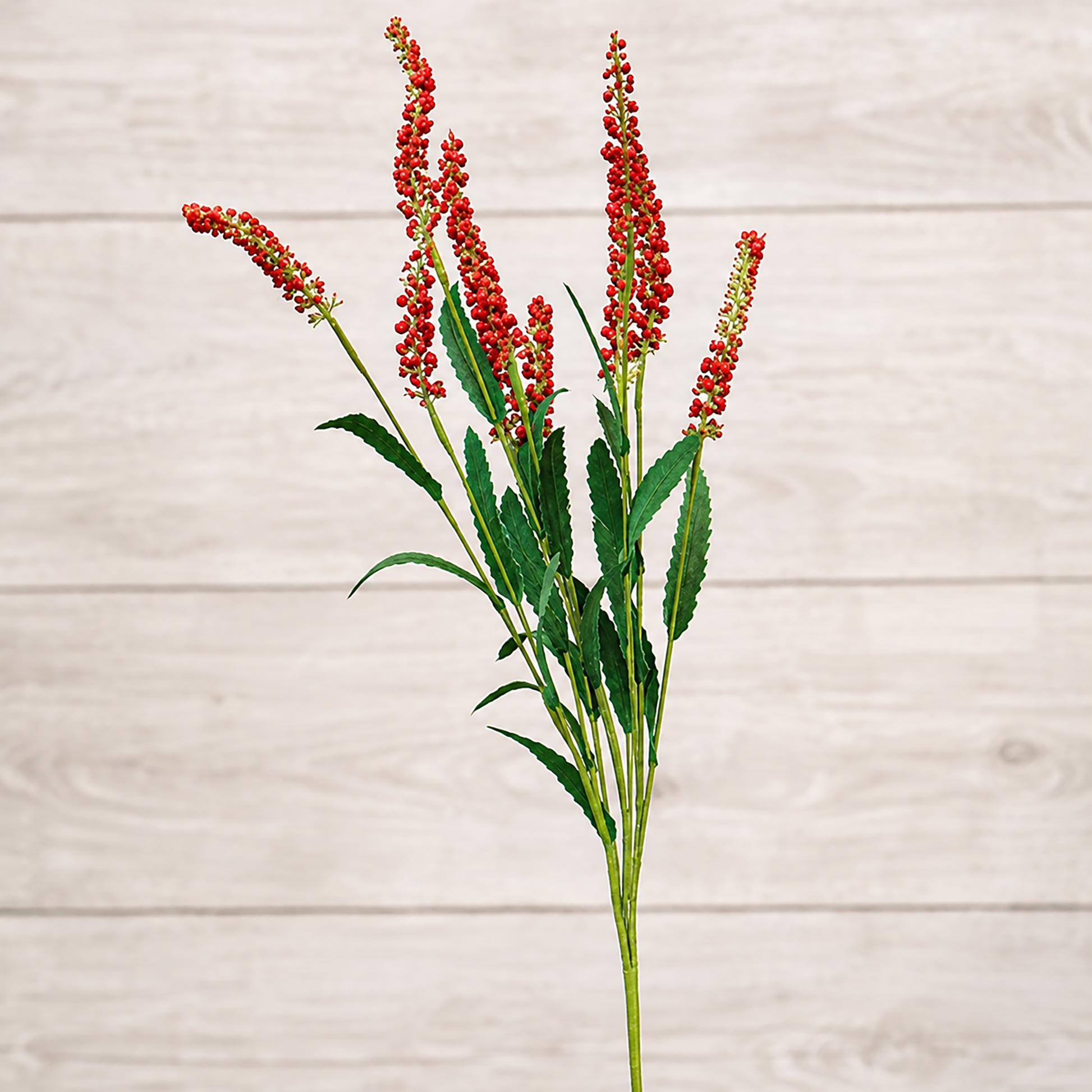 Artificial red floral spray with green leaves for rustic farmhouse decorating, vase filler arrangements, shelf styling, country home decor, and primitive floral displays