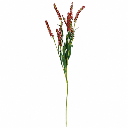 Artificial plant with red flowers and green leaves on a white background