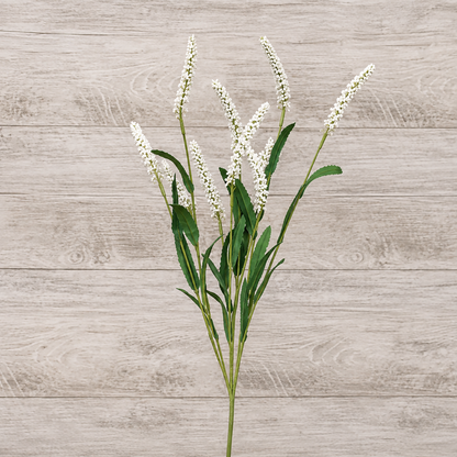Artificial white floral spray with dark green leaves for rustic farmhouse decorating, primitive home decor, shelf styling, centerpiece arrangements, and country floral displays