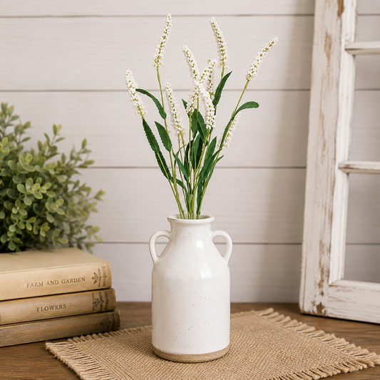 White floral greenery spray for farmhouse decor, rustic floral arrangements, country home styling, lantern displays, vase filler decor, and everyday tabletop centerpieces