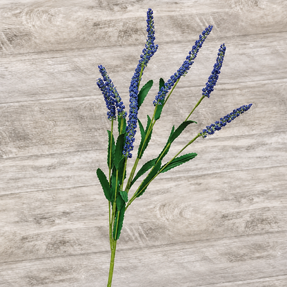 Artificial blue floral spray with dark green leaves for rustic farmhouse decorating, primitive floral arrangements, country shelf styling, centerpiece decor, and everyday home accents