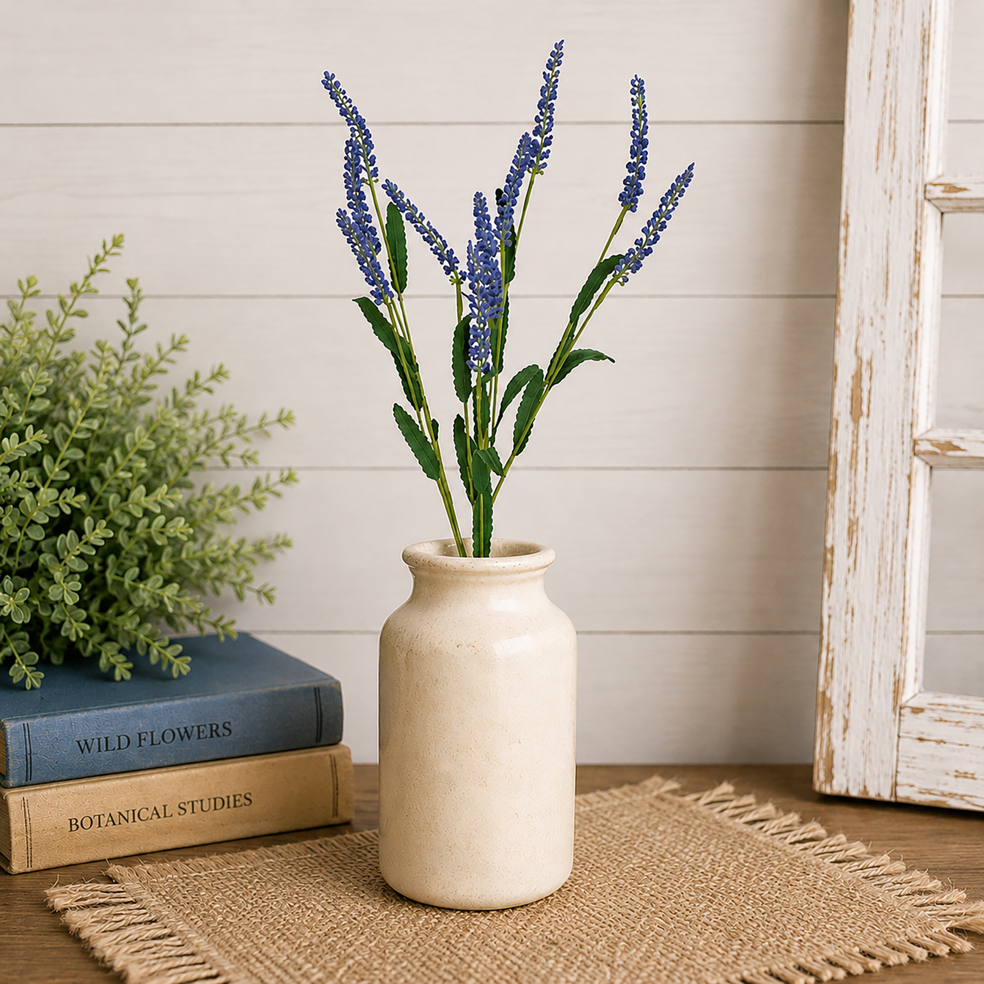 Blue floral greenery spray for farmhouse decor, rustic floral arrangements, country home styling, vase filler displays, lantern accents, and everyday tabletop centerpieces