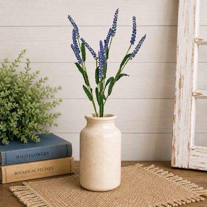 Blue floral greenery spray for farmhouse decor, rustic floral arrangements, country home styling, vase filler displays, lantern accents, and everyday tabletop centerpieces