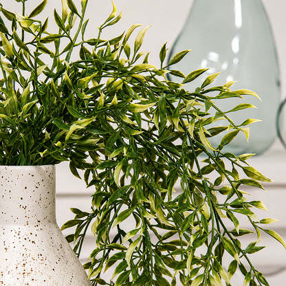 Artificial smilax hanging bush with cream tipped leaves for rustic farmhouse decor, cabinet greenery styling, tabletop arrangements, and primitive home accents