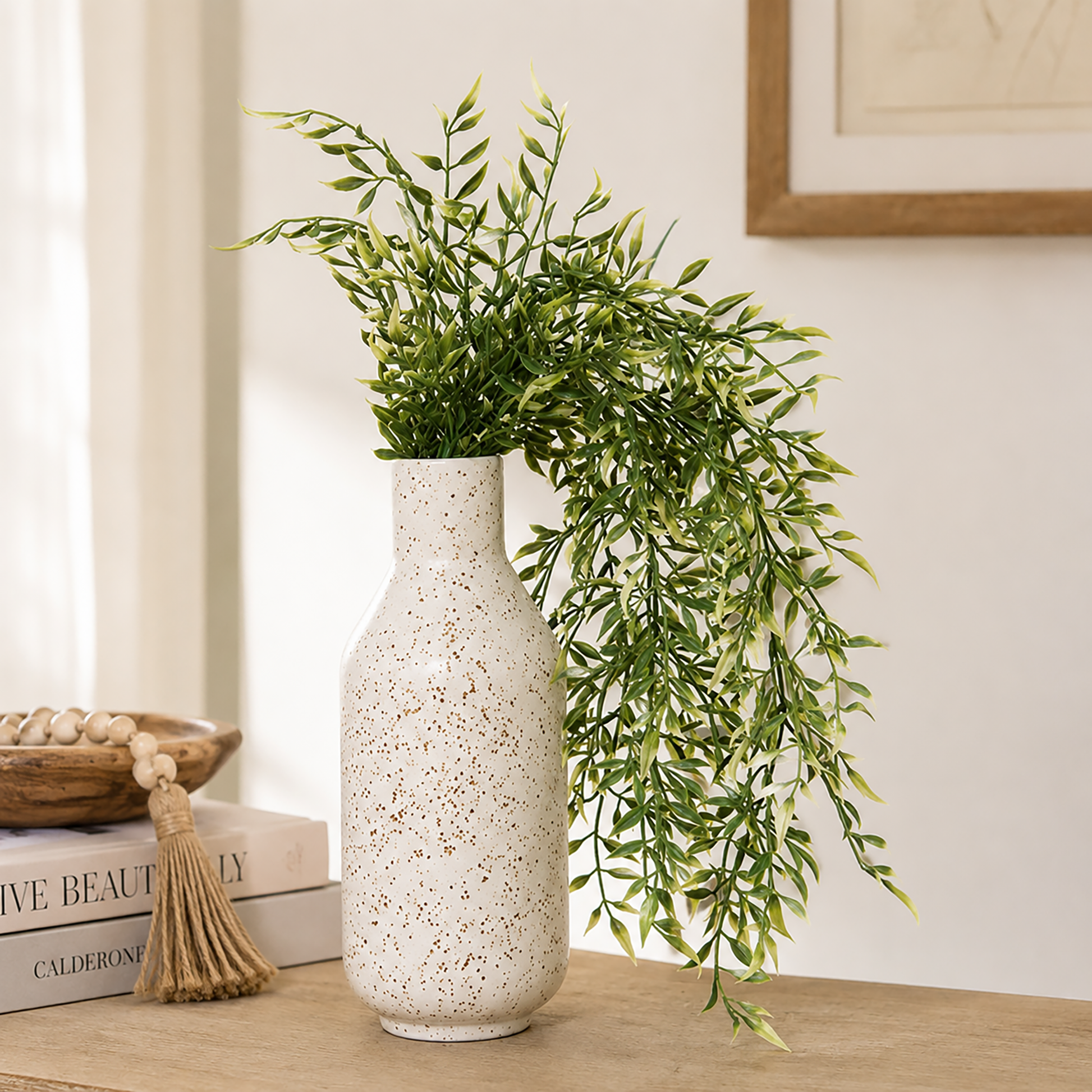 Cream tipped hanging greenery bush for farmhouse decor, rustic home styling, trailing shelf greenery, lantern displays, basket arrangements, and everyday country decorating