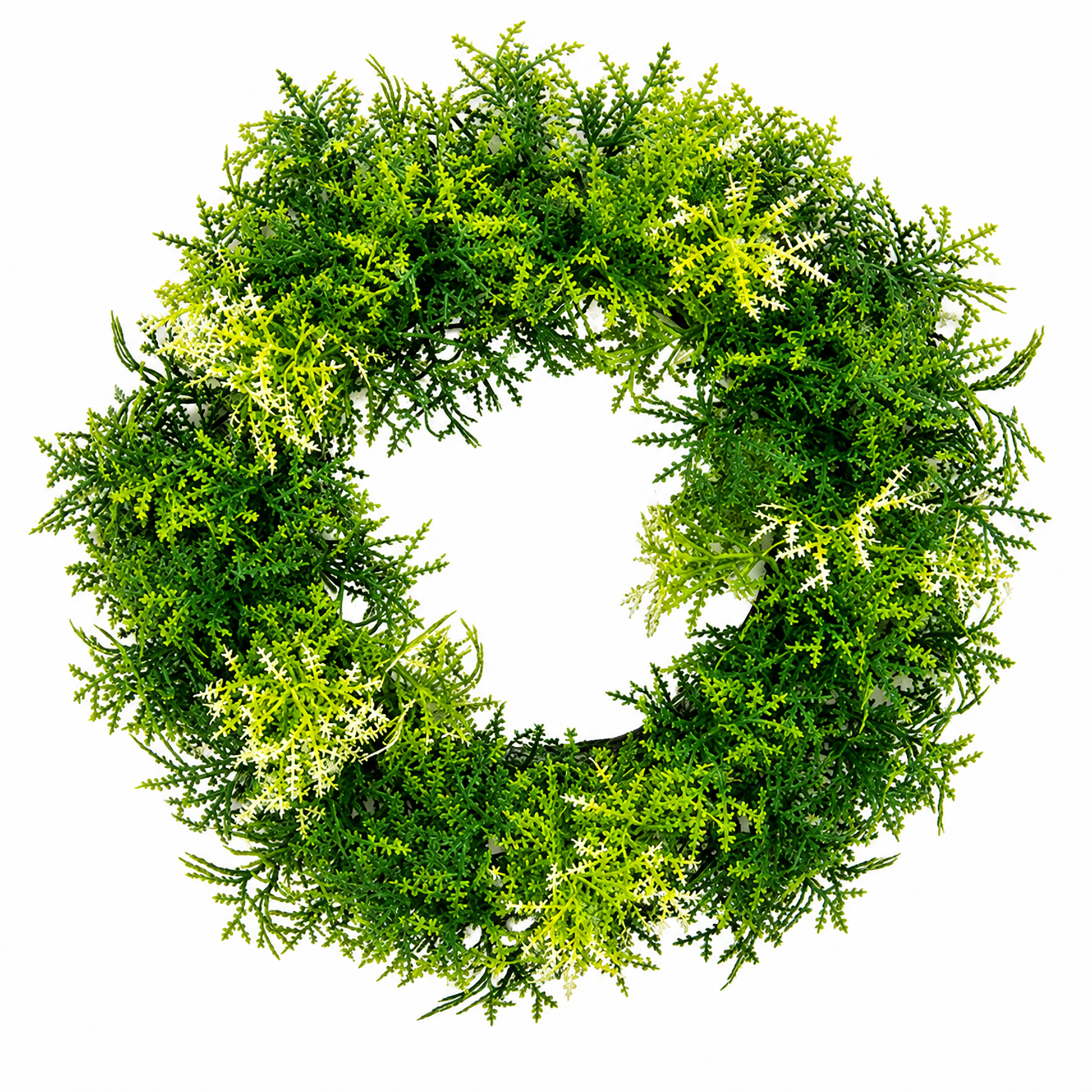 Faux moss greenery candle ring with dimensional mixed green leaves for farmhouse, woodland, and everyday home décor