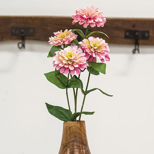 Faux floral stem with pink zinnias and greenery for spring home decor