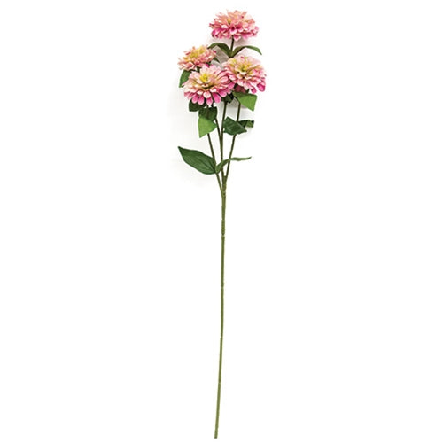 Artificial pink zinnia spray with lifelike green leaves and textured stem
