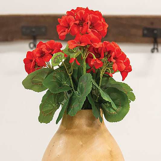 Mini red geranium bush with lifelike petals and green textured leaves on flexible stem