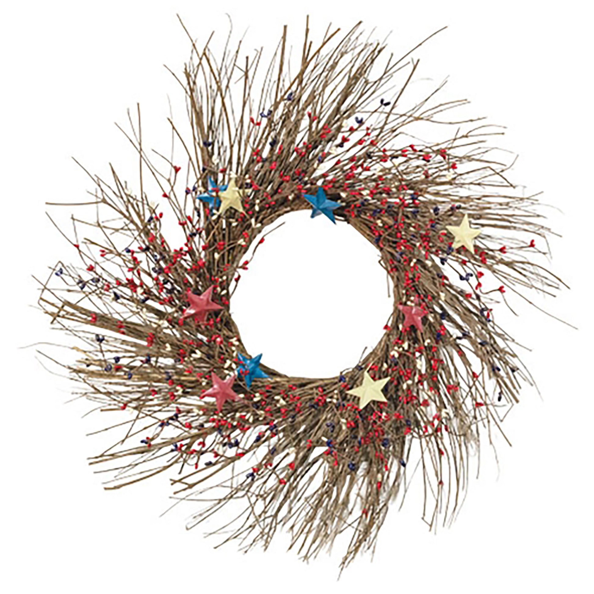 Rustic patriotic pip berry wreath with metal stars and Americana farmhouse styling on natural twig base
