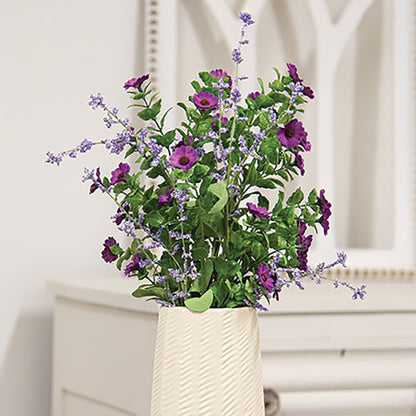 Faux purple mini daisy and white heather bush with lifelike green leaves and wrapped stem