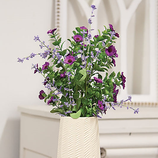 Faux purple mini daisy and white heather bush with lifelike green leaves and wrapped stem