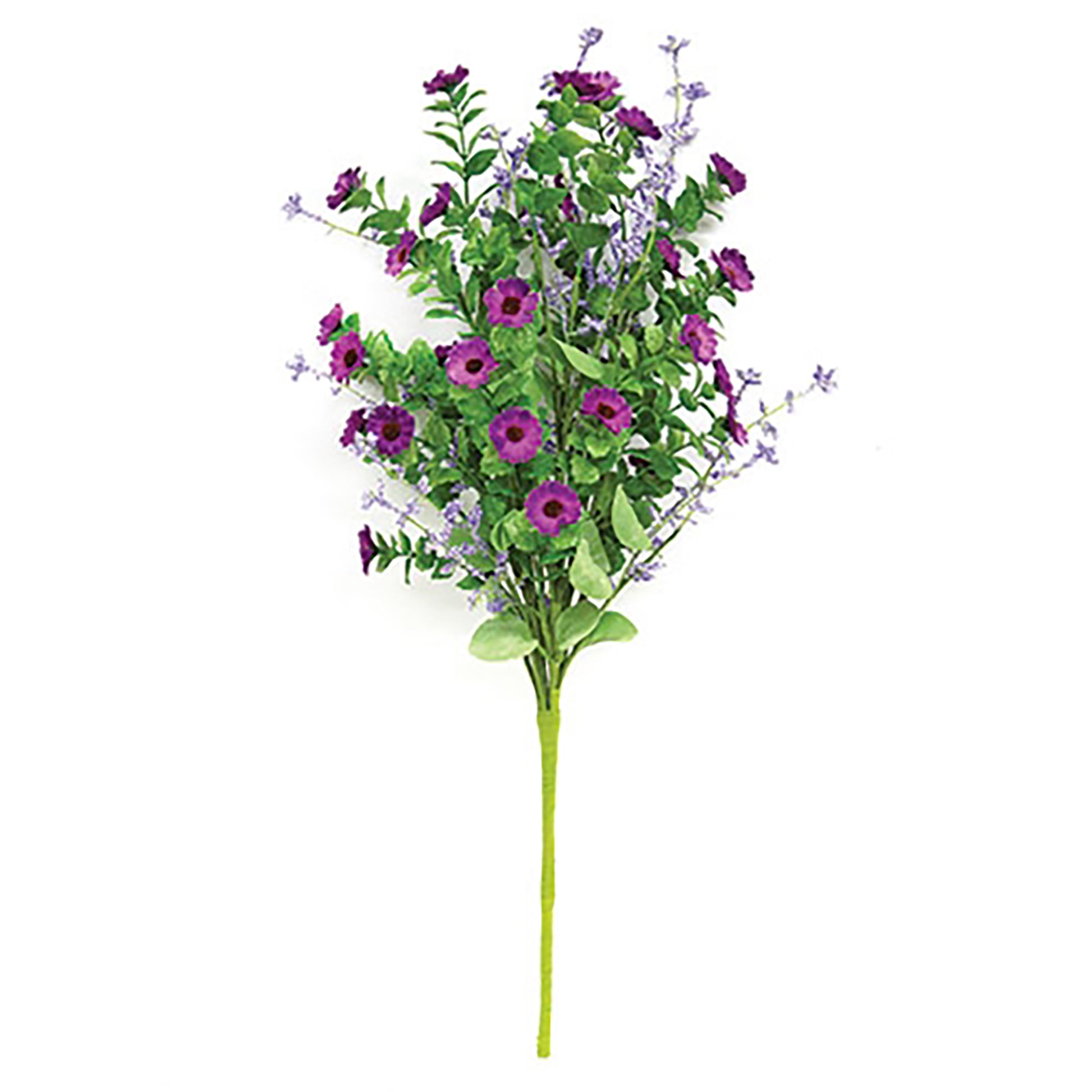 Decorative floral stem with purple mini daisies, flexible branches, and green-wrapped base
