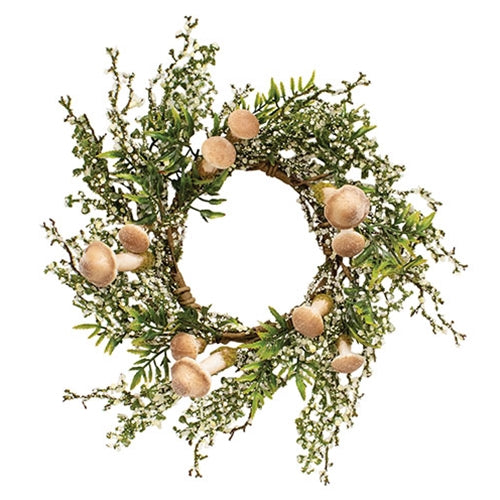 Mossy mushroom candle ring with faux greenery and forest berries, 14–16 inches wide