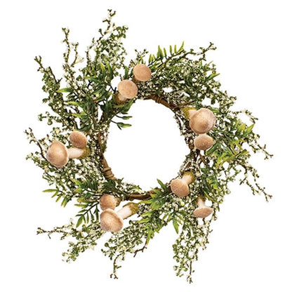Mossy mushroom candle ring with faux greenery and forest berries, 14–16 inches wide