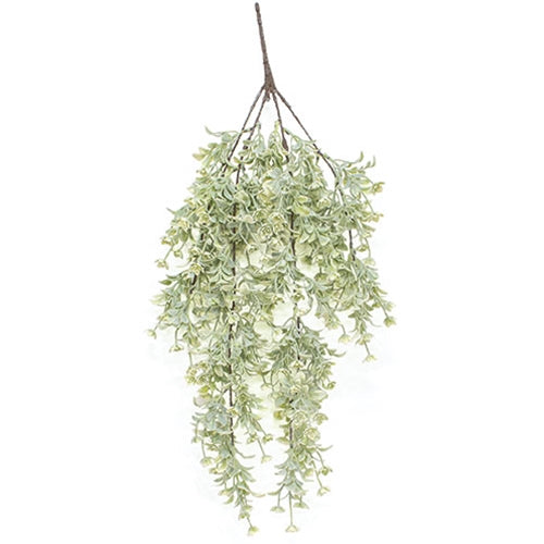 White star lavender artificial floral bush with trailing greenery and rustic twig base