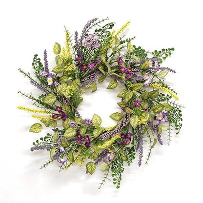 Decorative spring wreath featuring lavender sprigs and rustic greenery