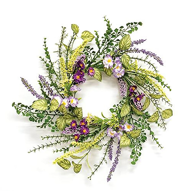 Faux floral candle wreath with lavender accents and rustic greenery