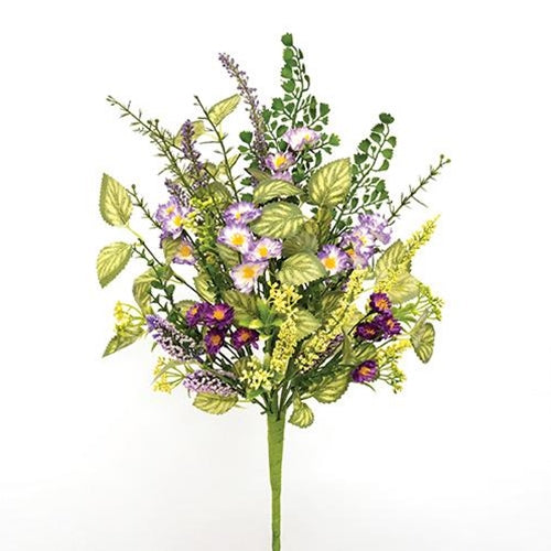 Faux floral bouquet with rich purple blooms, lavender buds, and mixed greenery