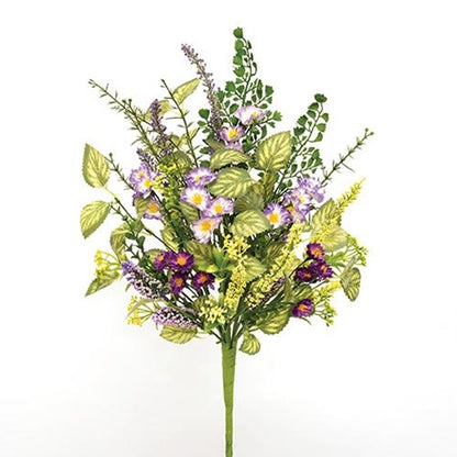 Faux floral bouquet with rich purple blooms, lavender buds, and mixed greenery