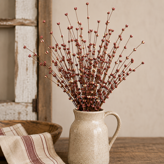 Burgundy Buttercup Floral Spray with Tiny Whimsical Blossoms in Rustic Farmhouse Pitcher, 23 Inch Decorative Stem
