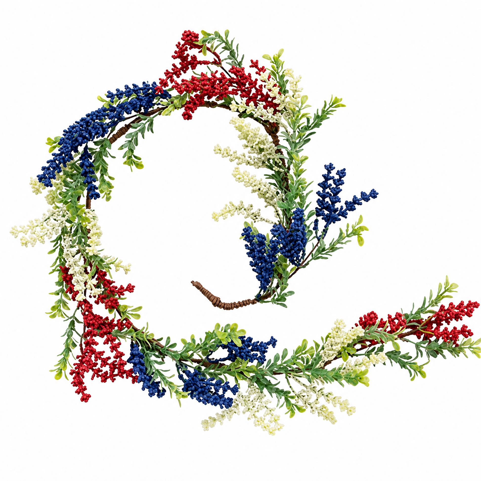 Americana floral garland featuring red cream and blue heather stems with rustic brown wrapped base