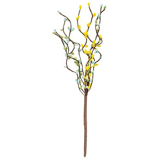 Rustic spring pip berry pick with yellow, blue, and green berries on brown wire stem
