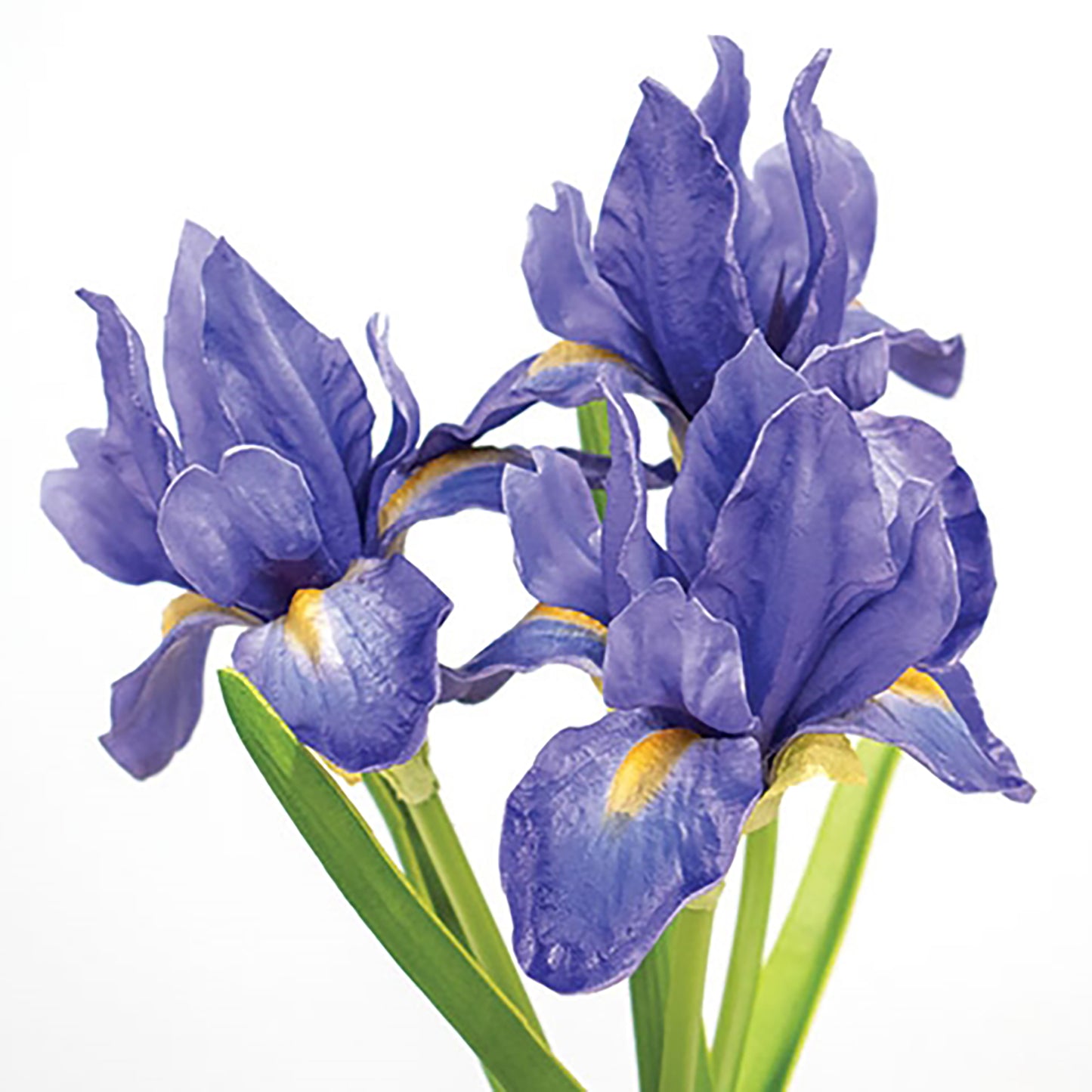 Artificial blue iris floral bunch with lifelike petals and soft-textured green stems