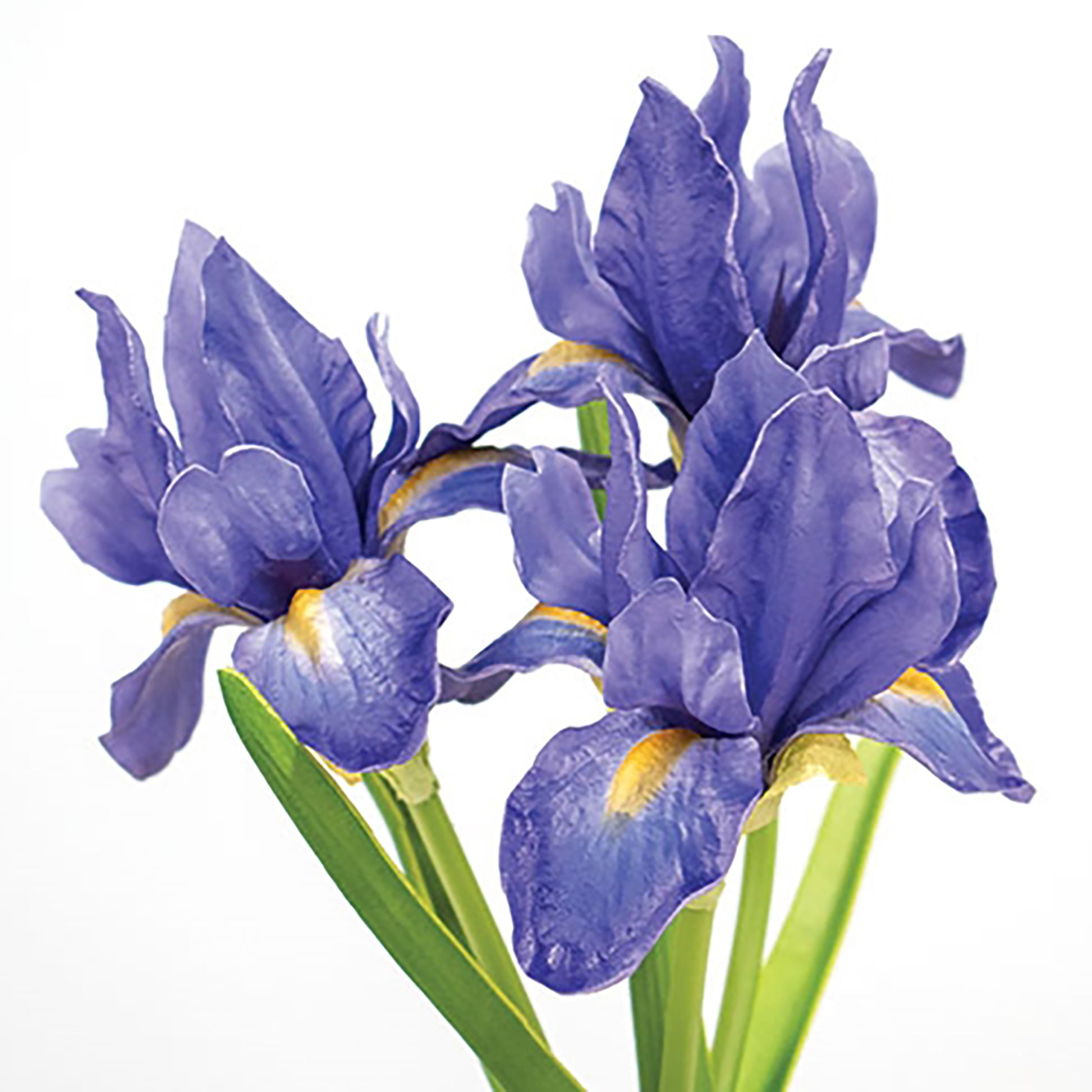 Artificial blue iris floral bunch with lifelike petals and soft-textured green stems