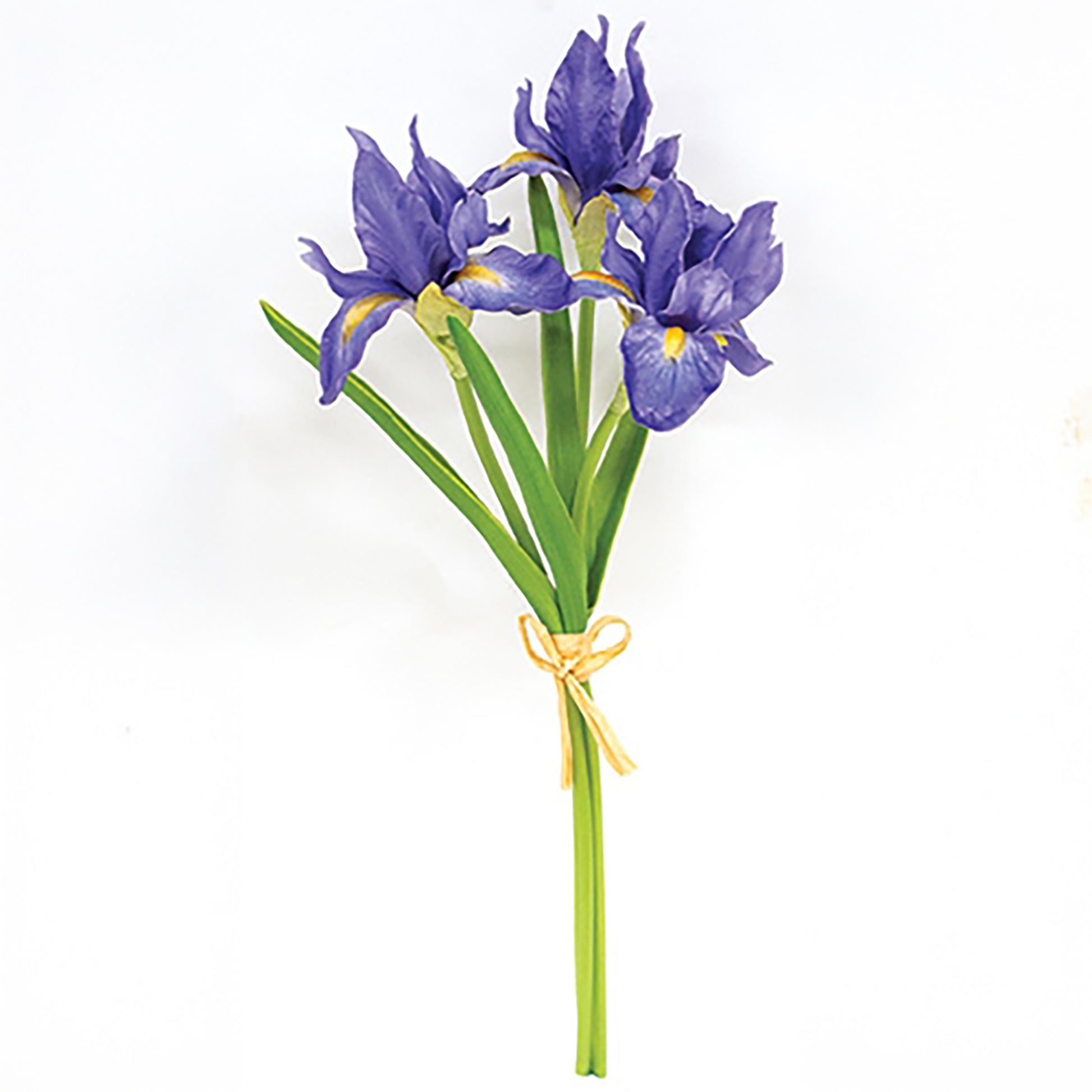 14.5-inch faux flower bundle featuring vibrant iris blossoms and tied with raffia