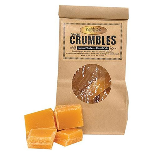 Bag of lemon blueberry pound cake wax crumbles with rustic packaging and bakery-scented wax chunks