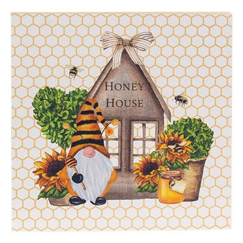 Wooden square block sign with a bumblebee gnome, sunflower accents, and the words "honey house" on a honeycomb background.