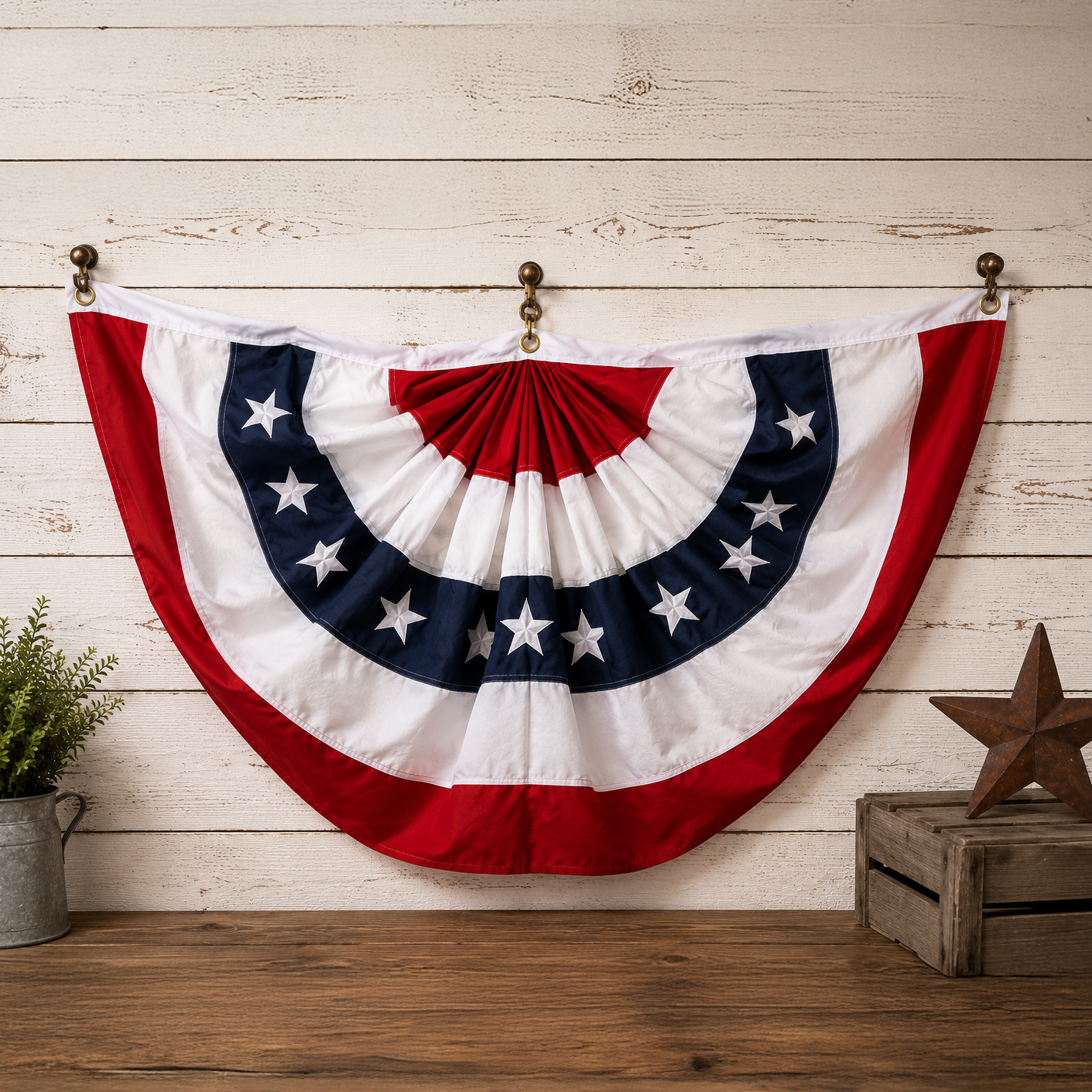 American flag bunting hanging on a wooden wall with decorative elements.